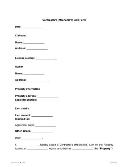 Contractor's (Mechanic’s) Lien Form Preview