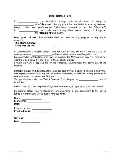 Talent Release Form Preview