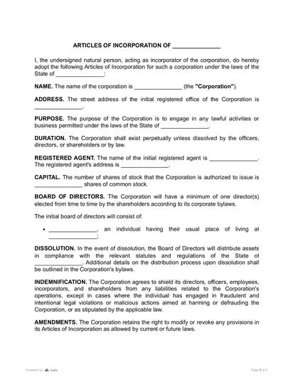 Articles of Incorporation Preview