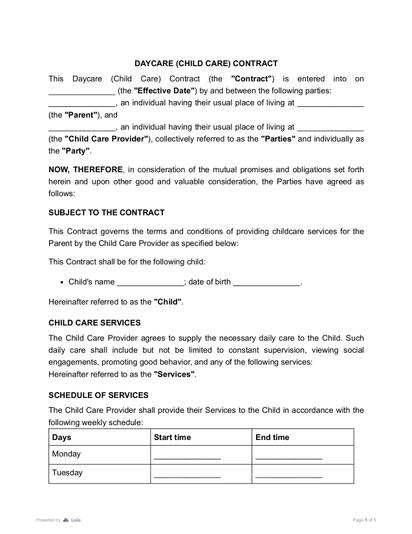 Daycare (Child Care) Contract Preview