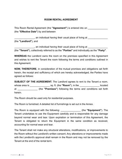 Room Rental Agreement Preview