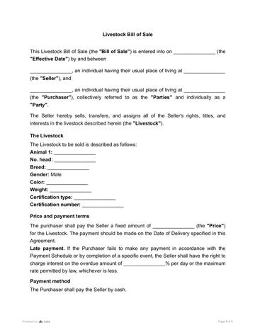 Livestock Bill of Sale