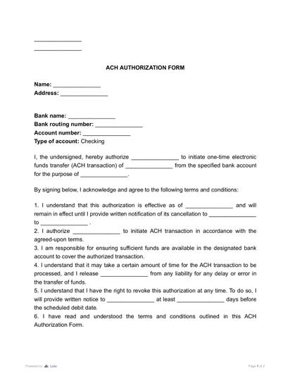 ACH Authorization Form Preview