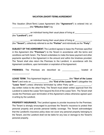 Short-Term/Vacation Lease Agreement Preview