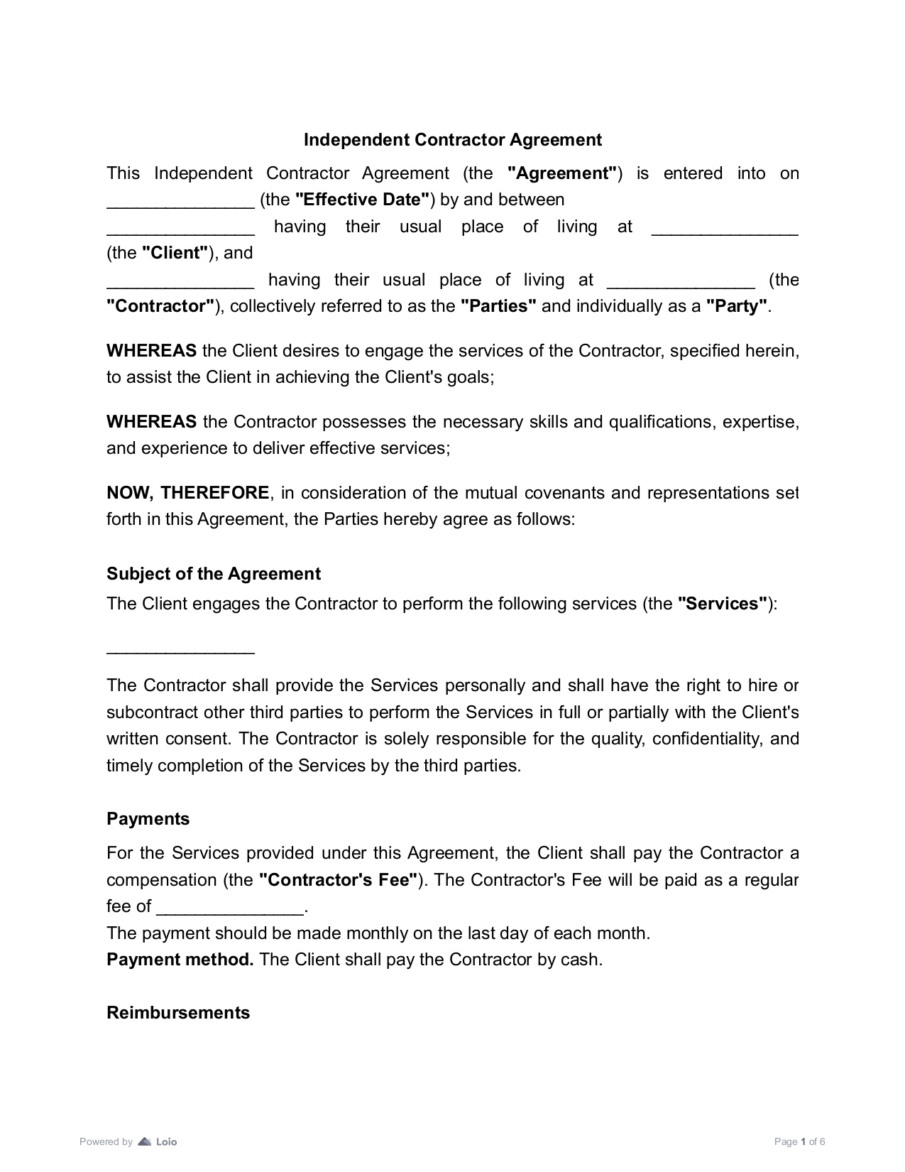 Independent contractor agreement page showing services payments and reimbursements